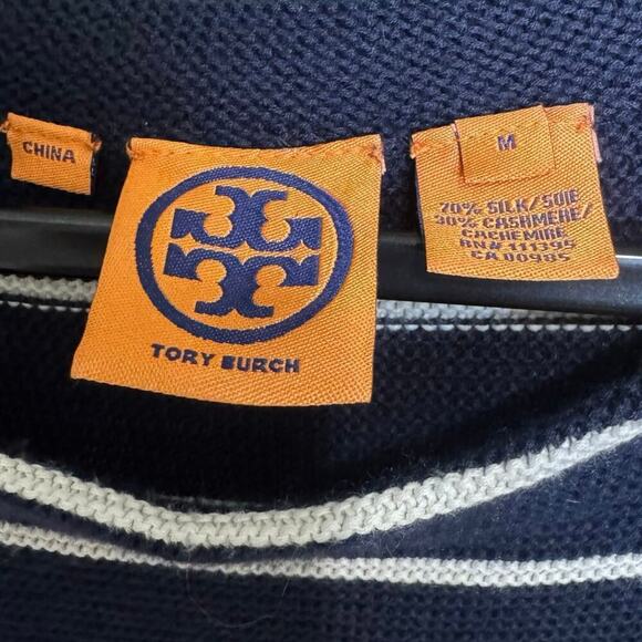 Tory Burch Striped Sweater Top Knitted Cashmere Silk Navy Blue White Size Medium - Picture 9 of 12